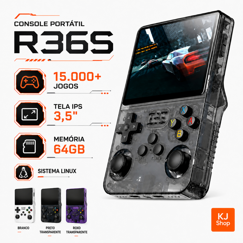 Console Portátil R36S 15.000+ Jogos Vídeo Game Linux Tela IPS 3.5 Polegadas 64GB