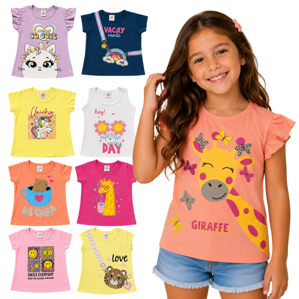 Kit Camiseta Infantil Feminina 100% Algodão | Blusa Menina Verão | Roupa Infantil