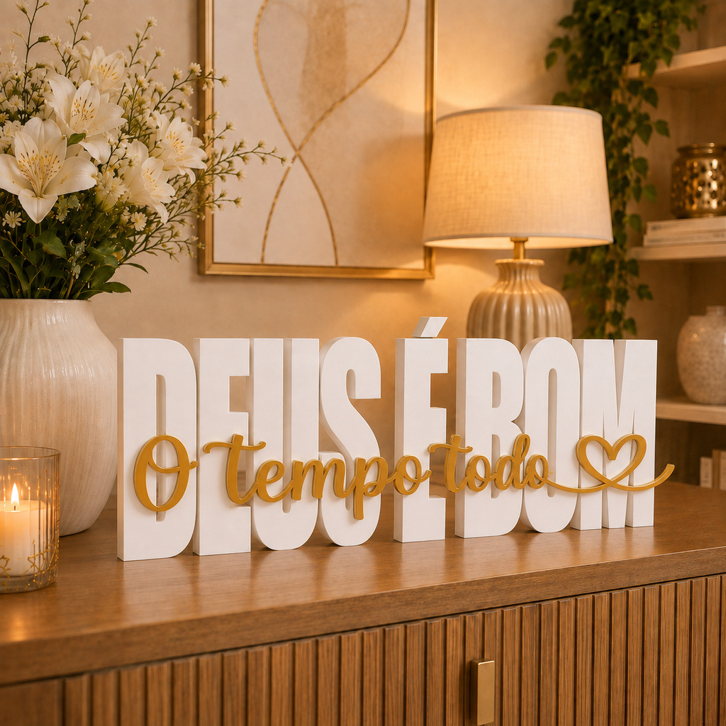 Letreiro Bíblico Deus é Bom o Tempo Todo Palavra Enfeite Placa de Casa Sala Mesa Quarto Presente