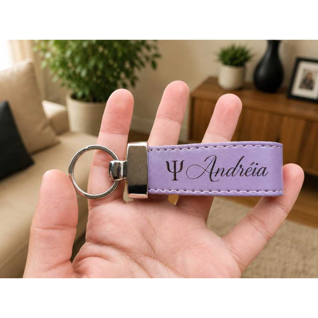 Chaveiro Personalizado Couro Sintético Nome Logo Gravado a Laser Presente Padrinhos Pais Batizado