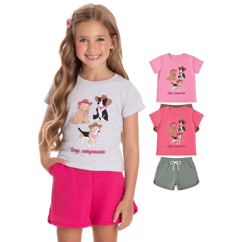 Conjunto Infantil Feminino Blusa Algodão e Bermuda de Moletinho com Bolso Dog Tamanhos 4 6 8