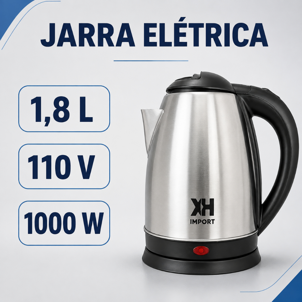 Chaleira Elétrica Inox 1,8L 110V 1000W Fervura Rápida Base Removível Desligamento Automático Jarra Bule Leiteira