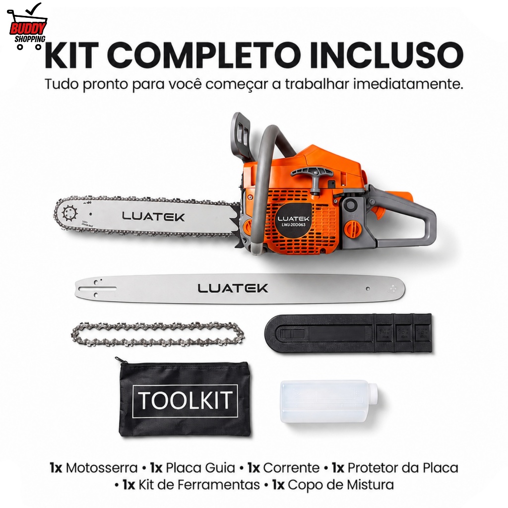 Motosserra à Gasolina Luatek 58cc 2.4kW Profissional Corte Lenha e Árvore Kit Completo