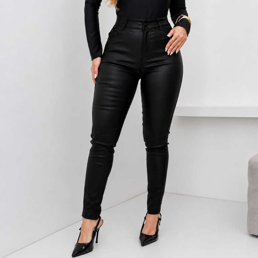 Calça de Couro Premium P AO G3 Calça Courino Resinada  Com Elastano Tecido Grosso de Qualidade Calça Modeladora