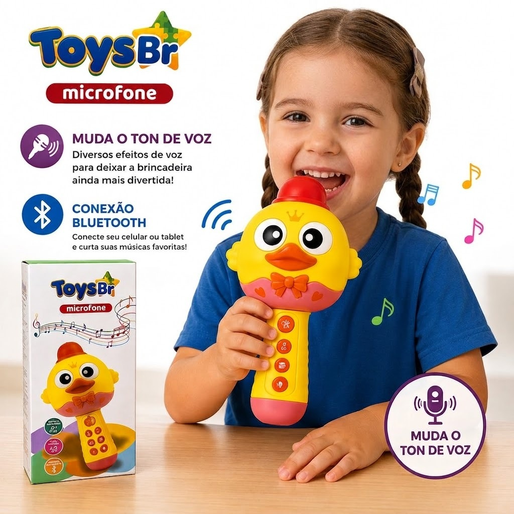 Microfone Infantil Bluetooth Recarregável com Gravação, Músicas, Histórias e Luzes