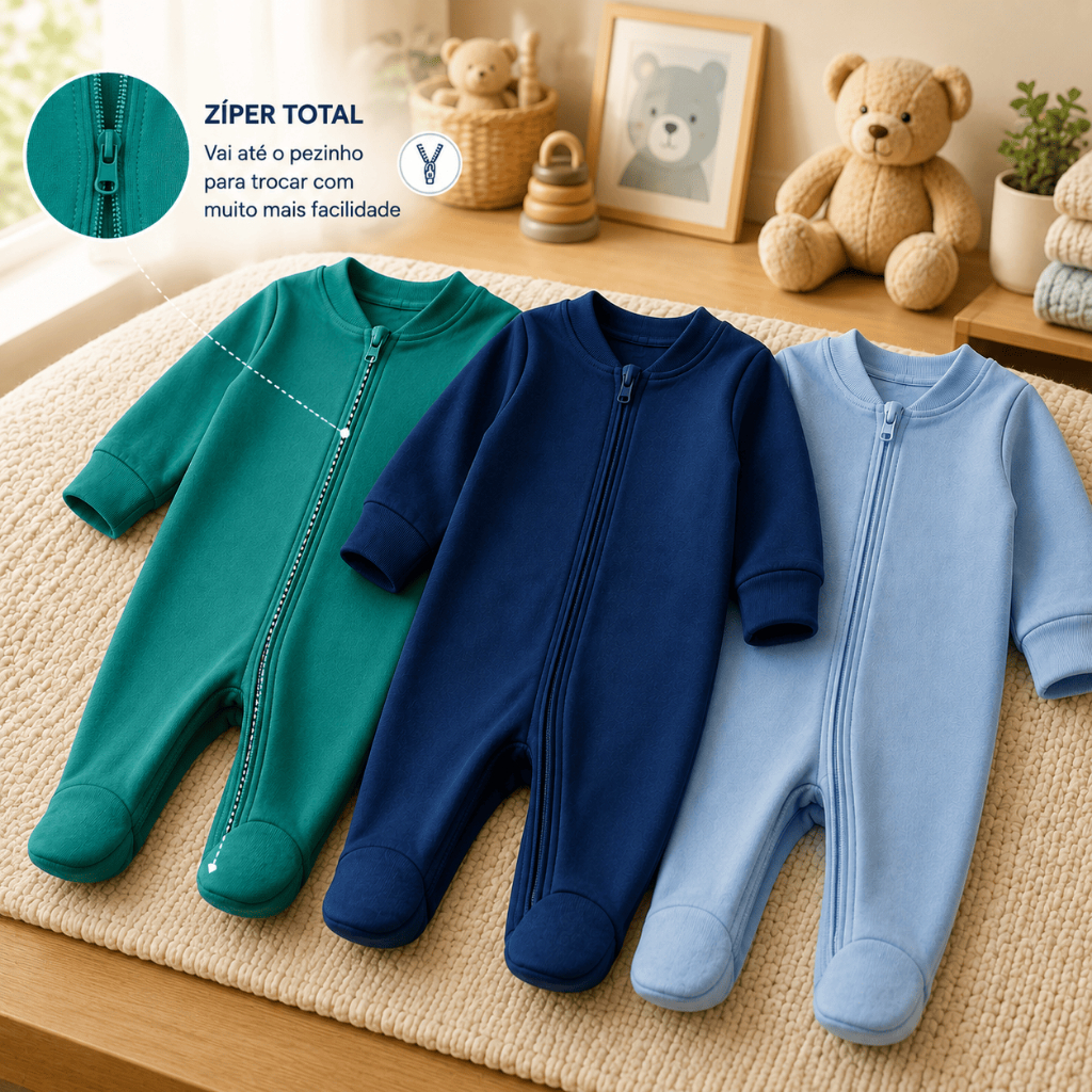 Kit 3 Macacão Ziper Menino Bebê Algodão Vira Pé Inverno Verao Infantil Macio Macacões