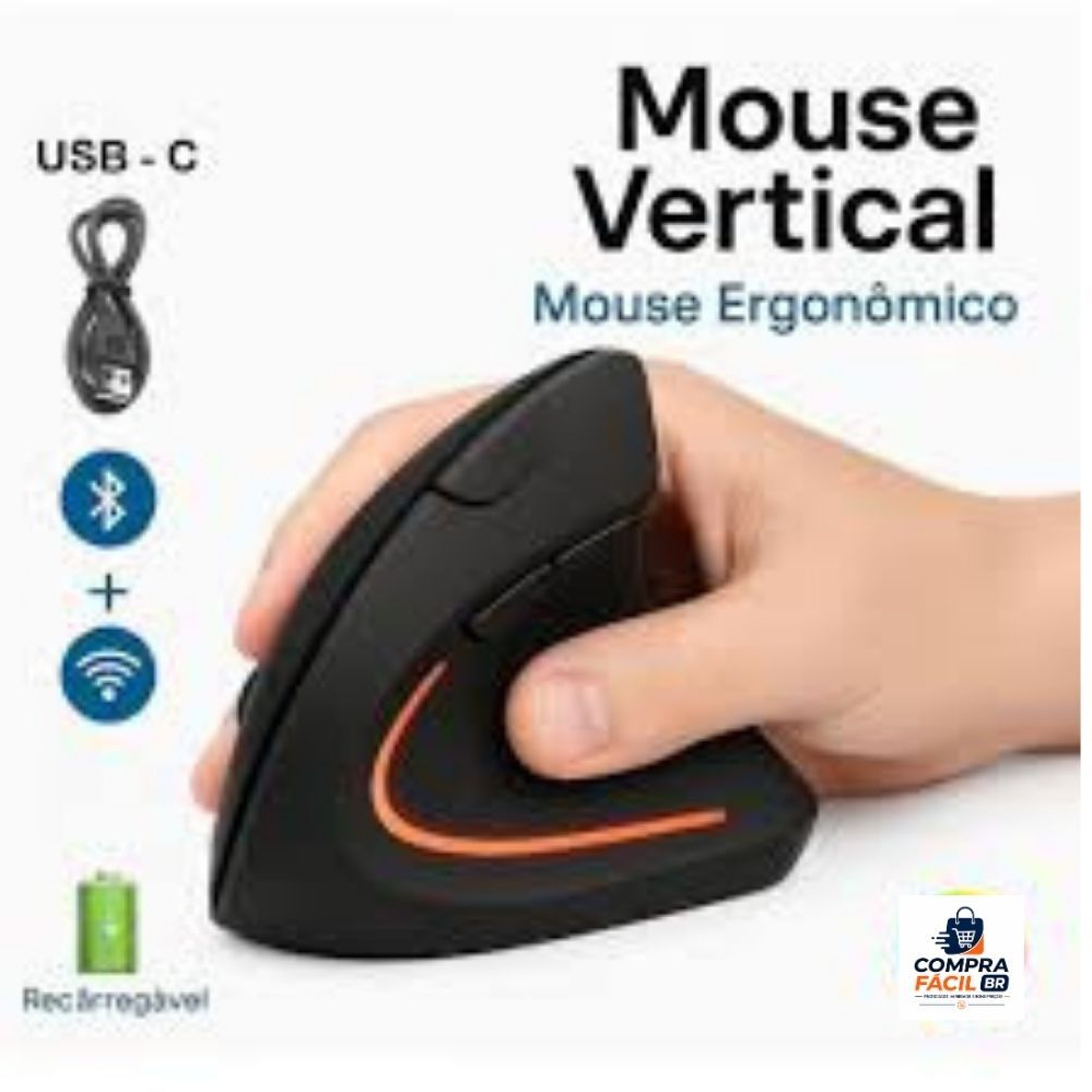 Mouse Vertical Ergonômico Sem Fio Recarregável USB Bluetooth Silencioso Ortopédico Destro PC