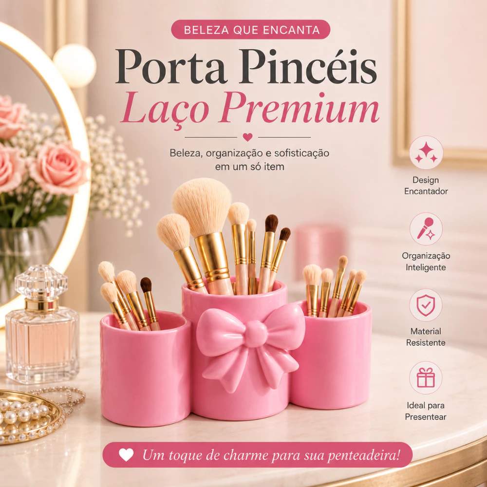 Porta Pincéis Maquiagem Organizador Mesa Porta Canetas Laço Elegante
