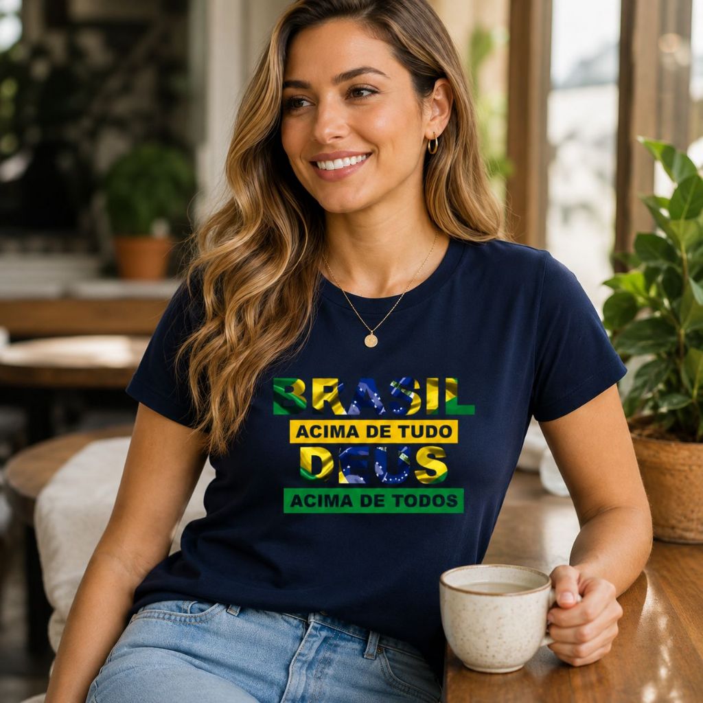 Camiseta Feminina Brasil Deus Fé Patriótica Estampada 100% Algodão Manga Curta Casual Nacional Confortável Moderna Top — imagem 2 de 2