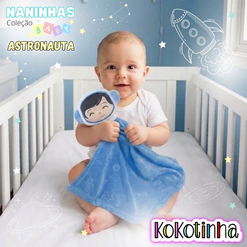 Naninha menino astronauta - mantinha para bebê menino - Tema astronauta, galáxia, nave, foguete, estrela