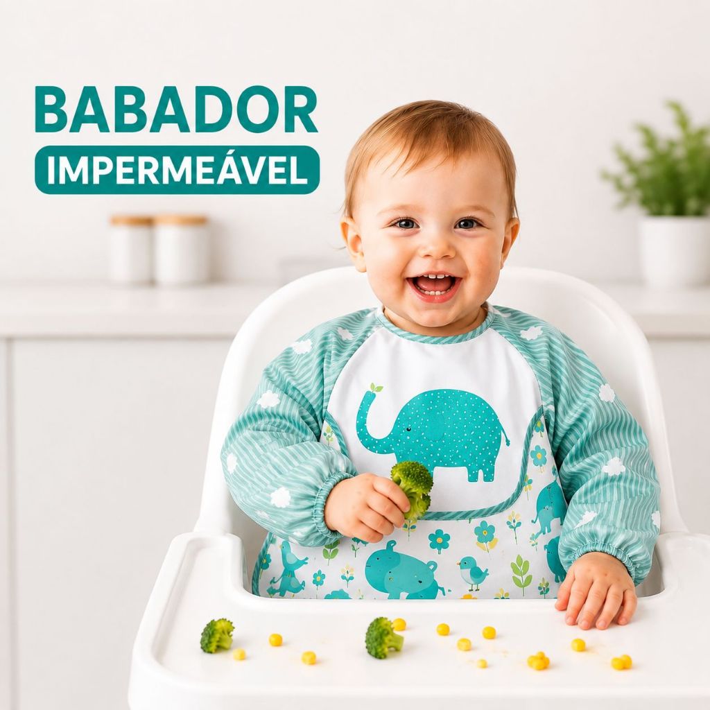 Babador Avental com Manga Longa e Bolso Cata-Migalhas Impermeável Bebê Infantil Animais Divertidos