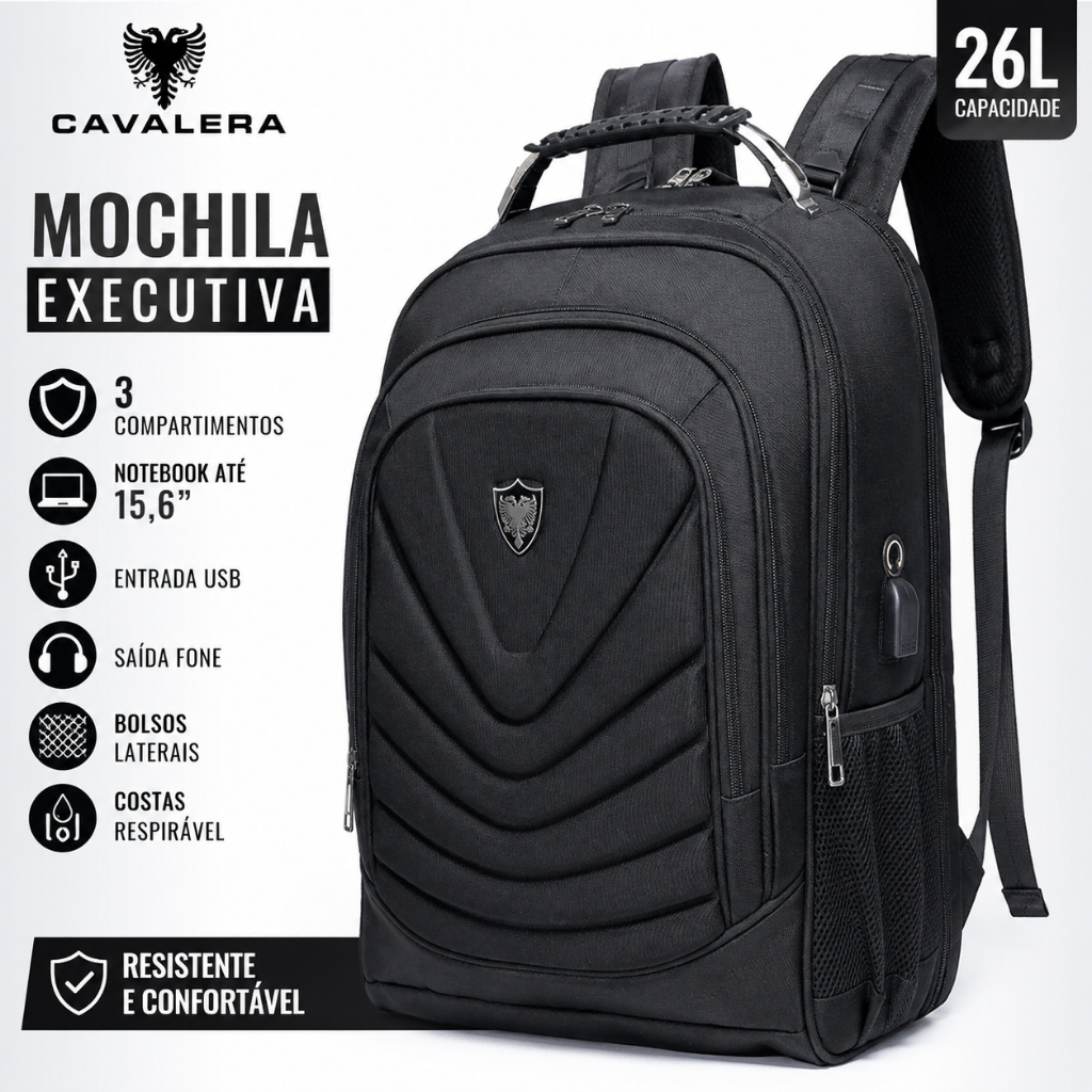 Mochila Cavalera Executiva Notebook Moderna Cabo De Aço Preta
