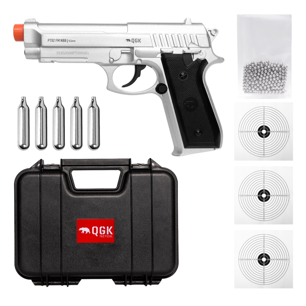 PISTOLA AIRGUN PT92 SILVER FULL METAL 4,5MM+CASE+ESFERA+CO2