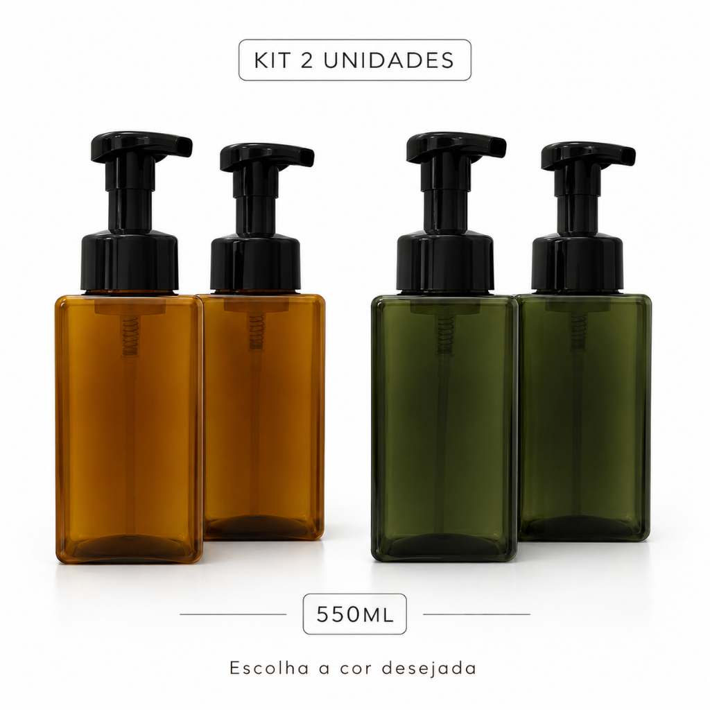 Kit 02 Frascos PET 550 ml com Válvula Espumadora Sabonete Espuma Dispenser para Lavabo Banheiro Âmbar Verde Reutilizável