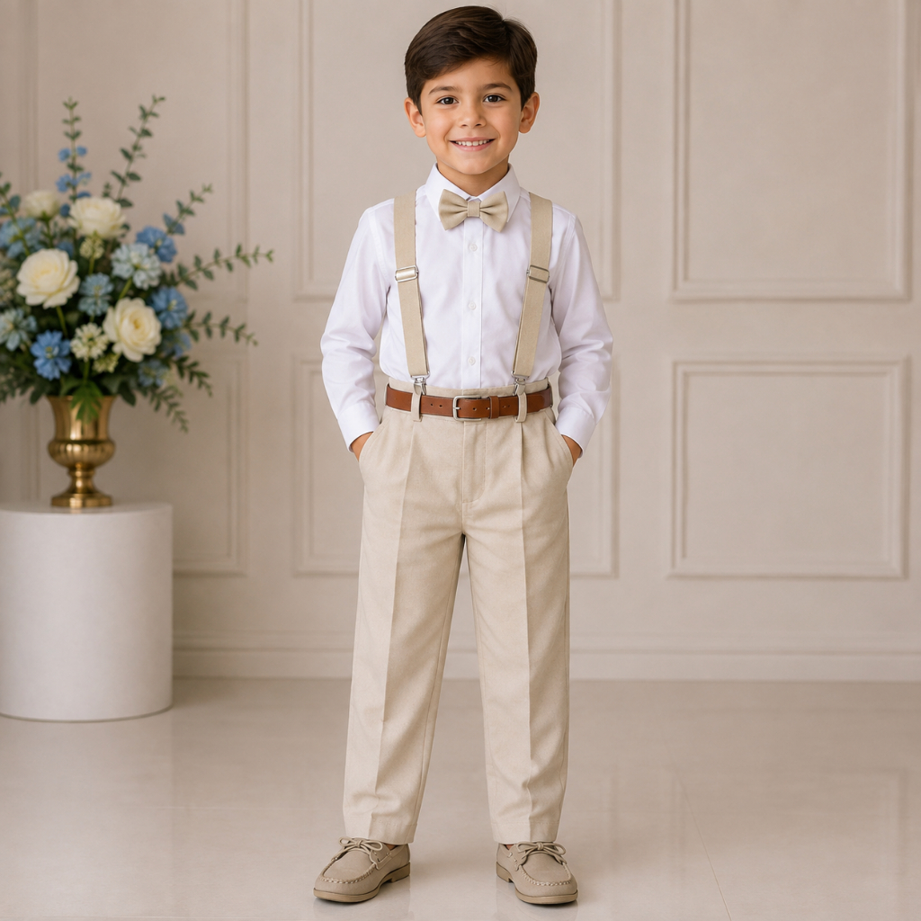 Conjunto Social Menino Suspensório Bege Palha Camisa Suspensorio Cinto Calça Gravata Casamento Batizado Formatura