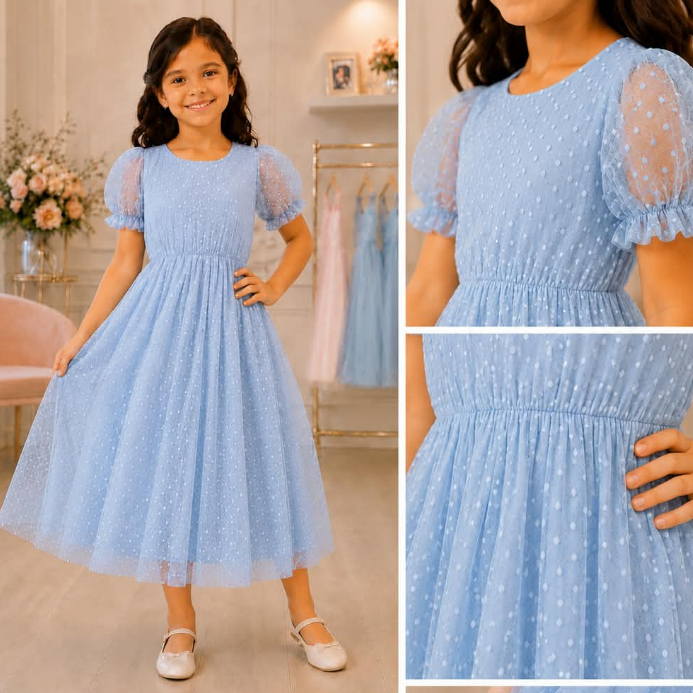 Vestido Infantil /Juvenil em tule bolinha moda Evangélica forrado por dentro e elástico na cintura