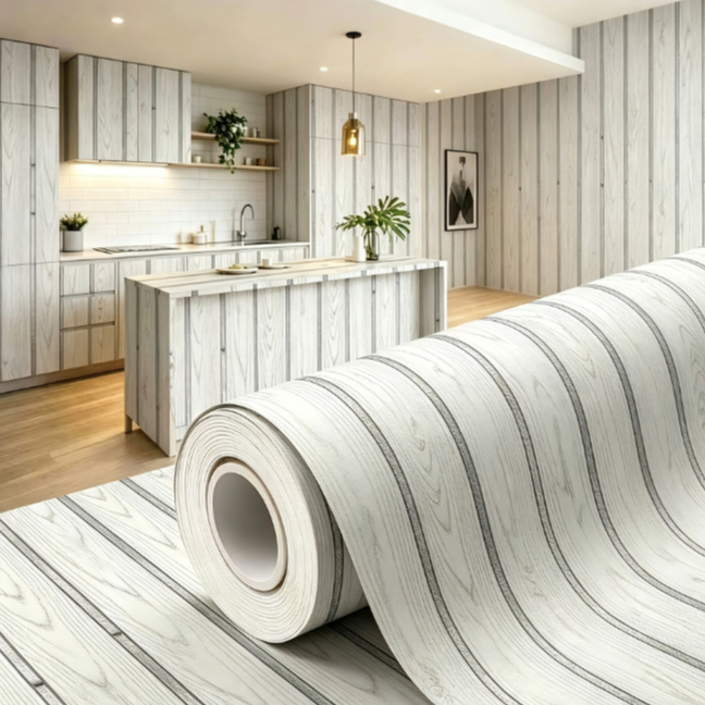 Papel De Parede 5 Metros Com Relevo 3D Decoração De Parede Moderna Com Textura Retrô Cor Madeira Branca Com Linha Prata