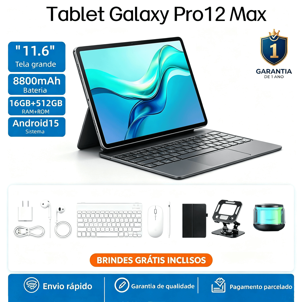 Tablet Galaxy Pro12 Max de 11,6 polegadas, 16GB + 512 GB, 8800 mAh, tela HD Dual SIM para jogos