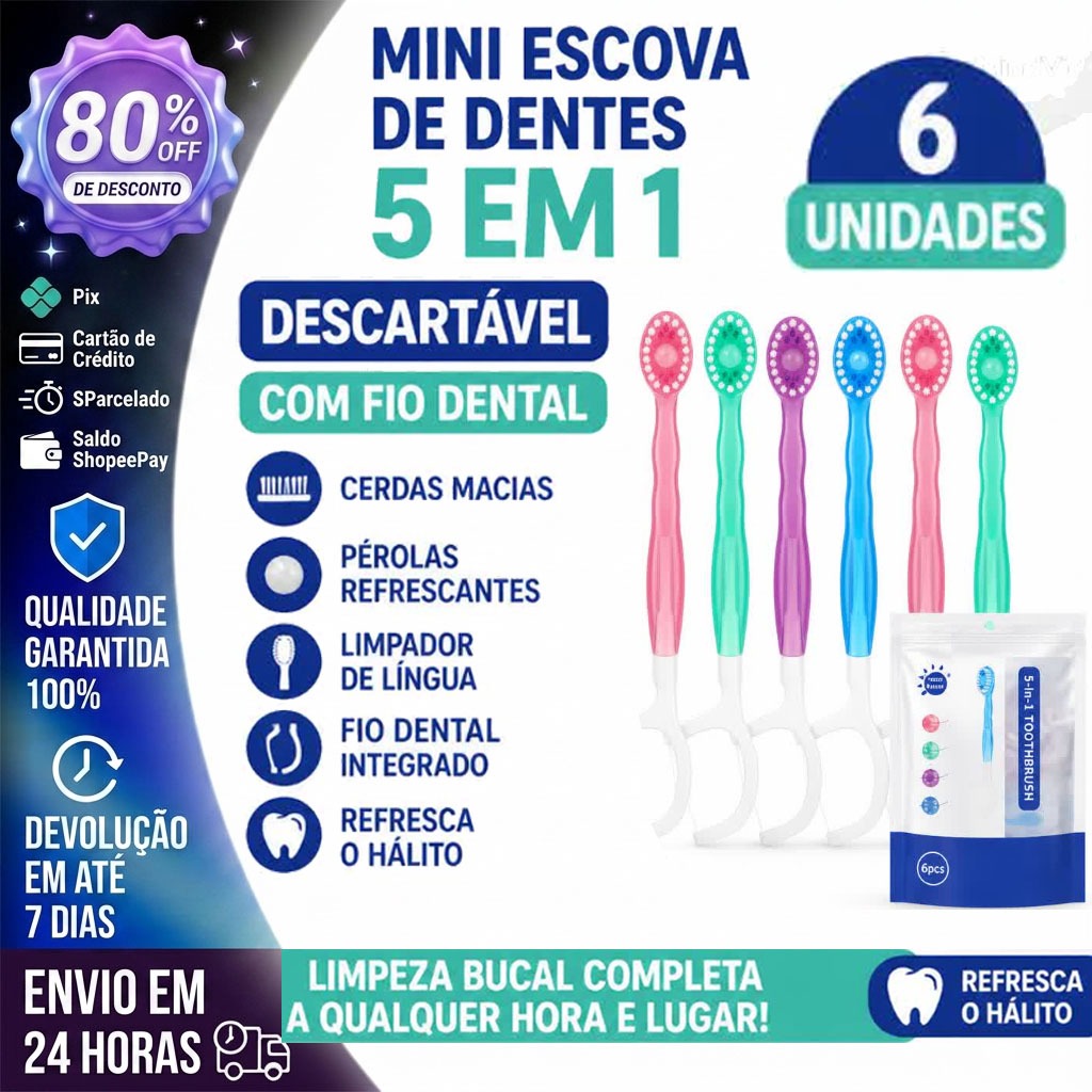 Mini Escova de Dentes Descartável 5 em 1 Multifuncional com Fio Dental – Limpeza Bucal e Refresca o Hálito – 6 Unidades