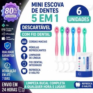 Mini Escova de Dentes Descartável 5 em 1 Multifuncional com Fio Dental – Limpeza Bucal e …