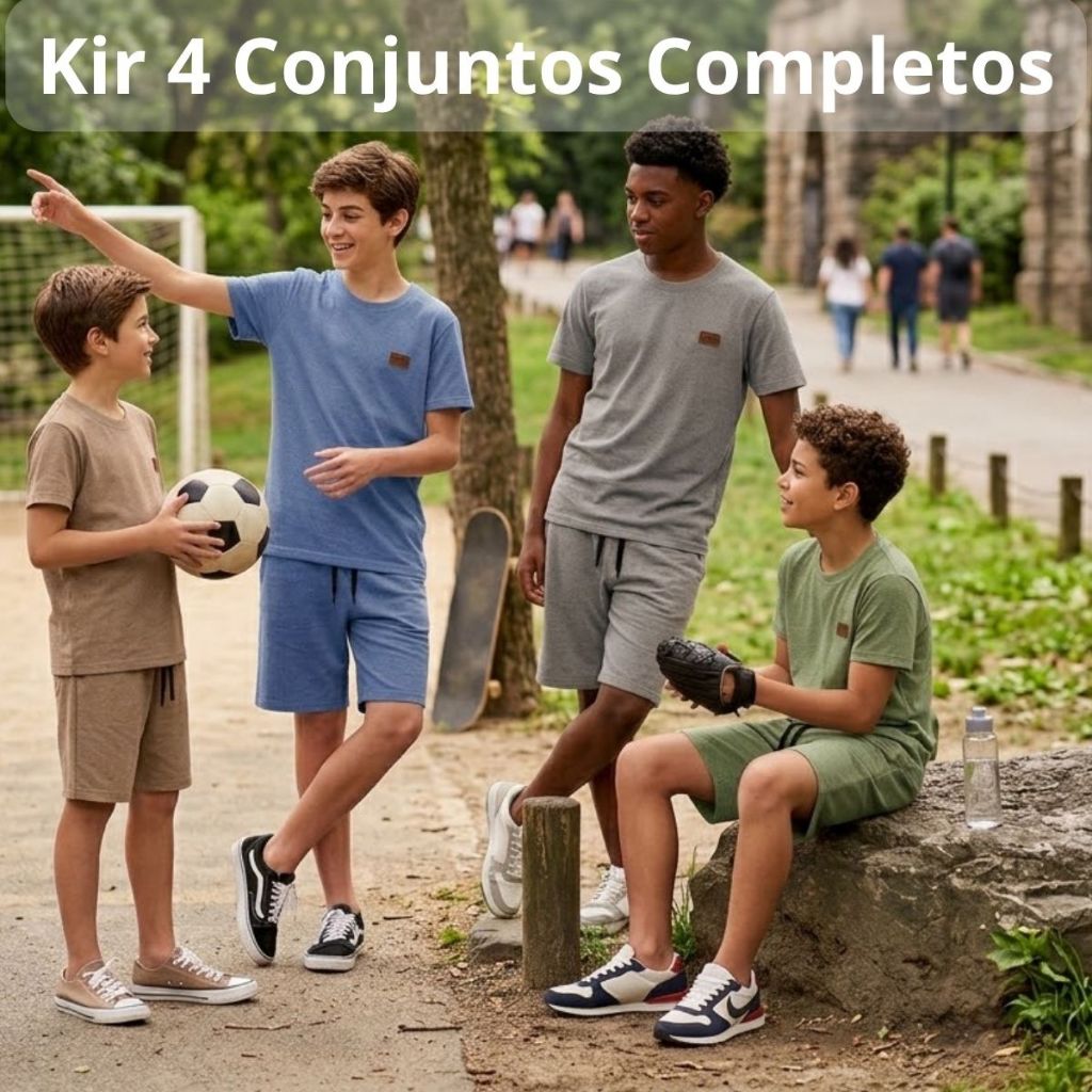Kit 8 Peças Menino 4 Conjuntos Juvenil Monocromático Masculino 4 Camisetas 4 Shorts Algodão Colorido