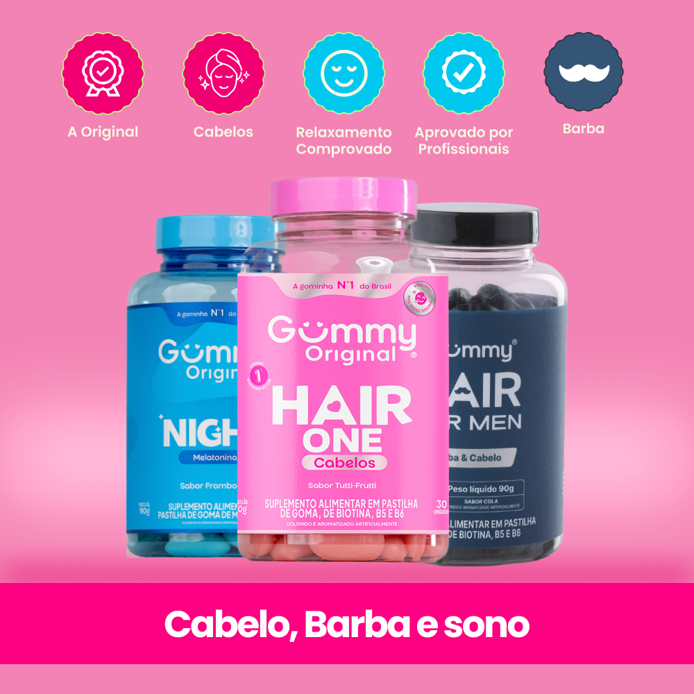 Kit 3 Gummy Night Hair One For Men Biotina Melatonina Cabelo Pele Barba