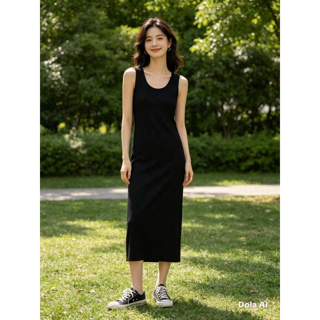 Vestido Adulto Feminino, Modelo Regata Midi Básico, Malha Elastano, Cor: Preta, Tam: P, Marca: Bethy.bethy