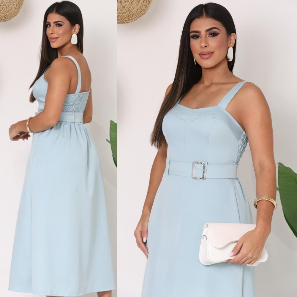 Vestido Feminino Alfaiataria Midi Alça Elastex Fenda Frontal Elegante Luxo Confortável Casual Social
