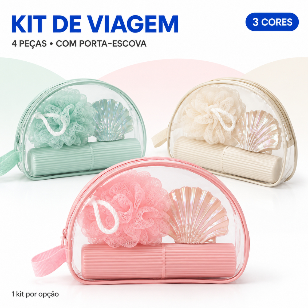 Imagem Kit Viagem e Banho com Necessaire Transparente e Acessórios de Higiene Pessoal – Modelos e Cores