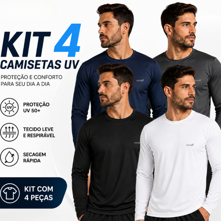 Kit 4 Camisa Camiseta Masculina Manga Longa Proteção Solar Uv Segunda Pele Malha Fria Praia Academia
