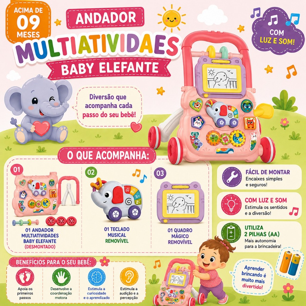 Andador Empurrador Didático Bebê Musical Educativo Quadro Magico Educativo Infantil Baby Rosa — imagem 2 de 2