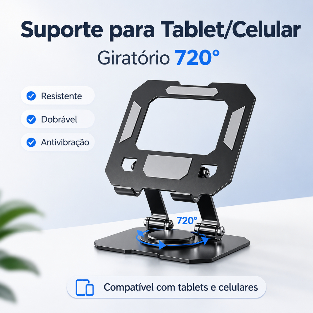 O suporte para tablet pode girar 720 graus, é compatível com tablets e é estável e dobrável