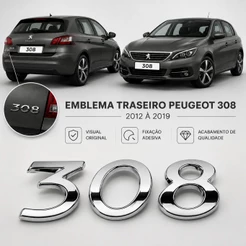 Emblema Adesivo 308 2012 a 2019 85x27mm Peugeot Cromado