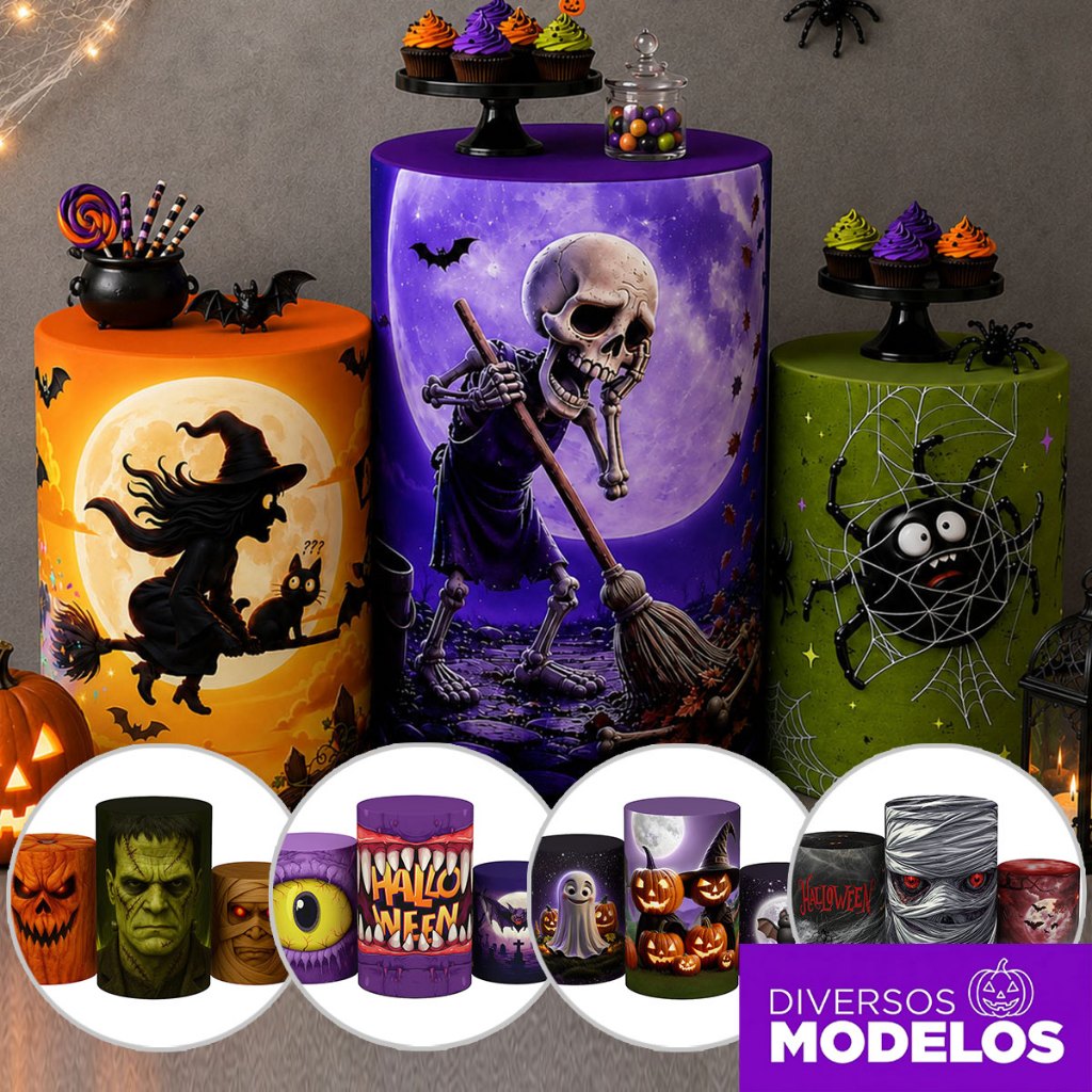 Capa Cilindro Halloween Decoração Festa Dia das Bruxas Trio Cilindro Veste Fácil em Tecido Sublimado