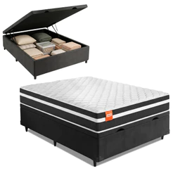 Cama Box Baú Casal Colchão Molas Qatar 138x188x63cm Branco / Preto - Suporta até 150Kg Por Pessoa