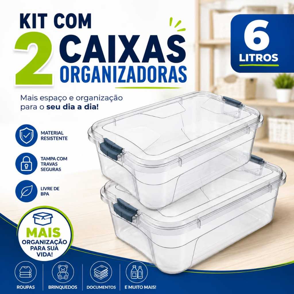 Kit Com 2 Caixas Organizadoras Cesto 6 Litros Transparentes Com Tampa Travas Seguras Caixa Organizadora