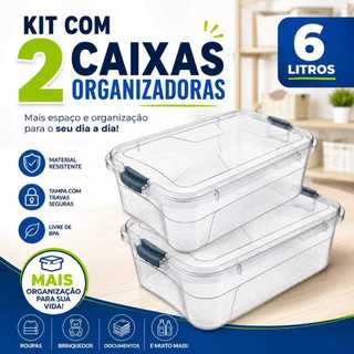 Kit Com 2 Caixas Organizadoras Cesto 6 Litros Transparentes Com Tampa Travas Seguras Caixa Organizadora
