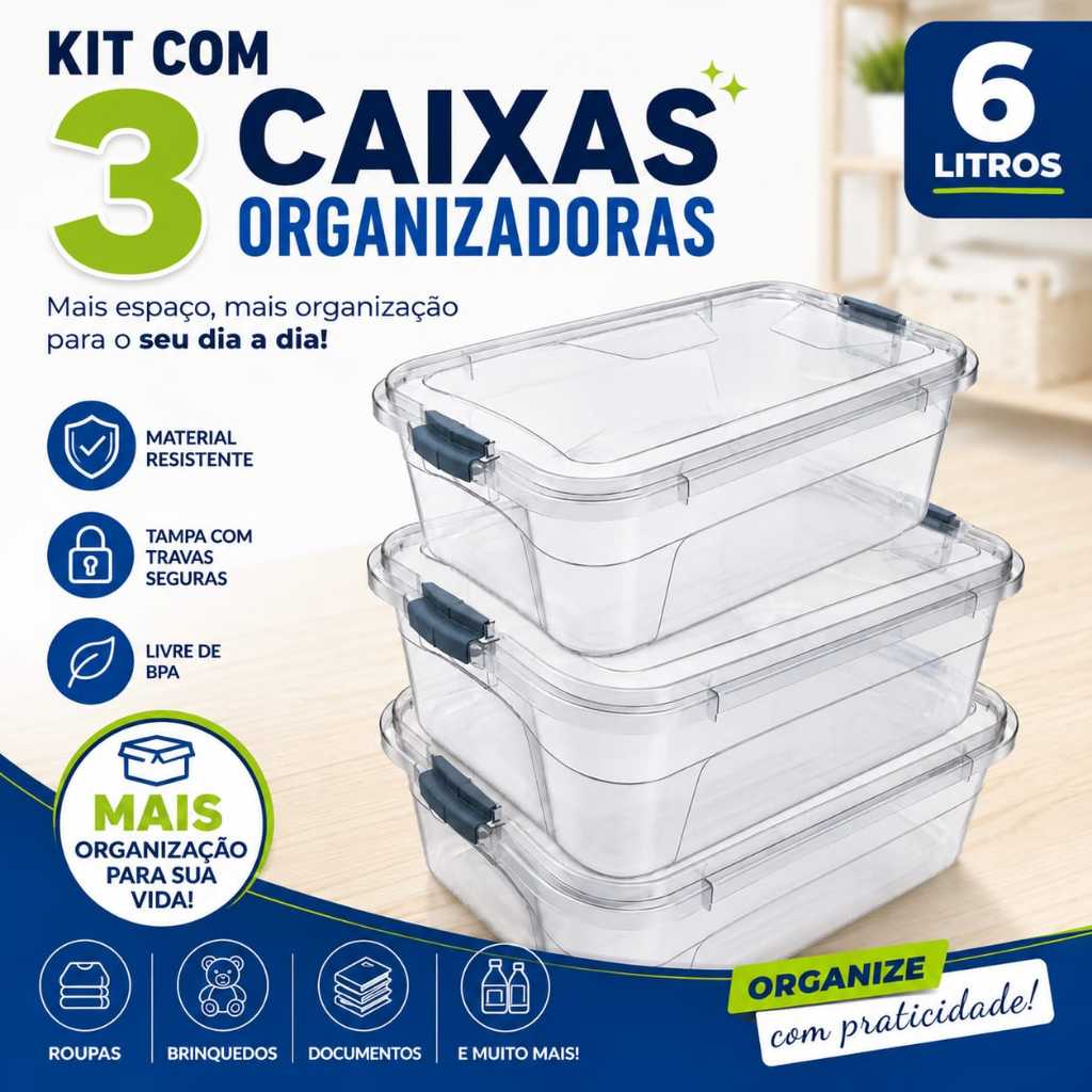 Kit Com 3 Organizador Ambientes Transparente Caixa Organizadora 6 Litros Com Tampa Travas Caixa Organizadora