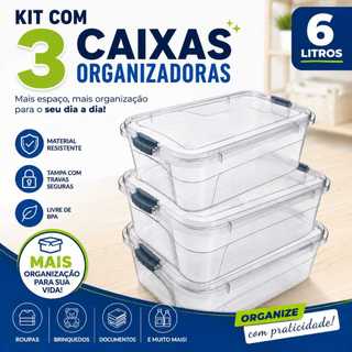 Kit Com 3 Organizador Ambientes Transparente Caixa Organizadora 6 Litros Com Tampa Travas Caixa Organizadora