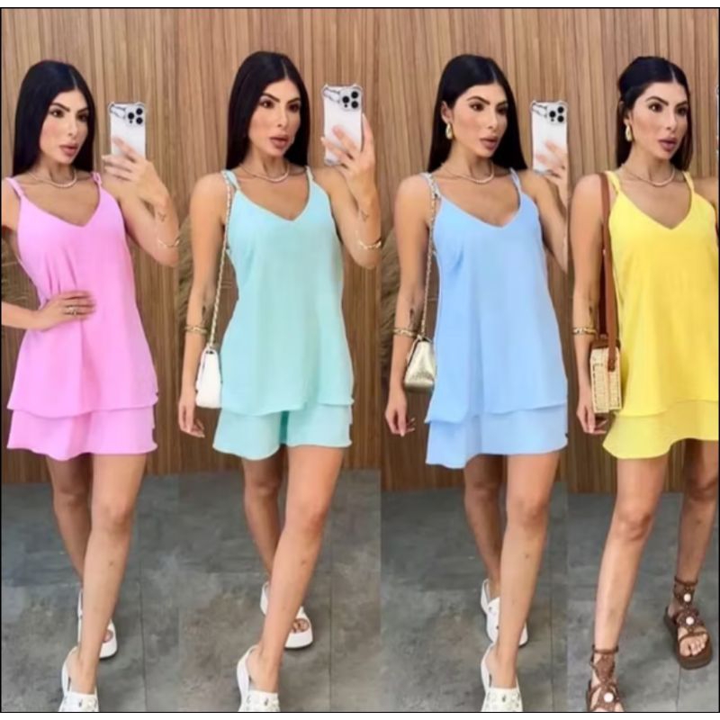 Vestido Feminino Curto de Alça Soltinho Elegante Babado e Cores Candy Colors Verão Vestido Alcinha Duna