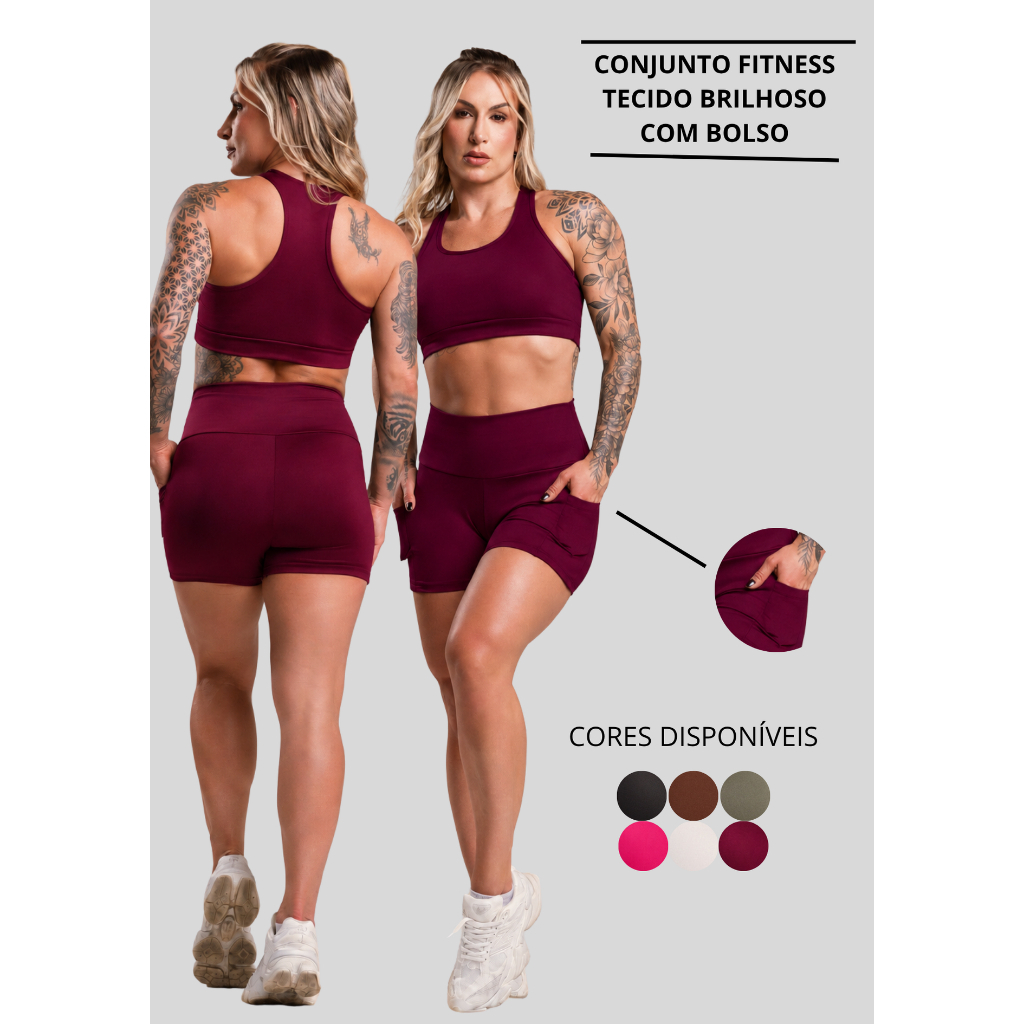 Conjunto Fitness Feminino Brilhoso Academia Top Nadador Liso e Short Bolso Cintura Alta Com Brilho ZERO TRANSPARÊNCIA