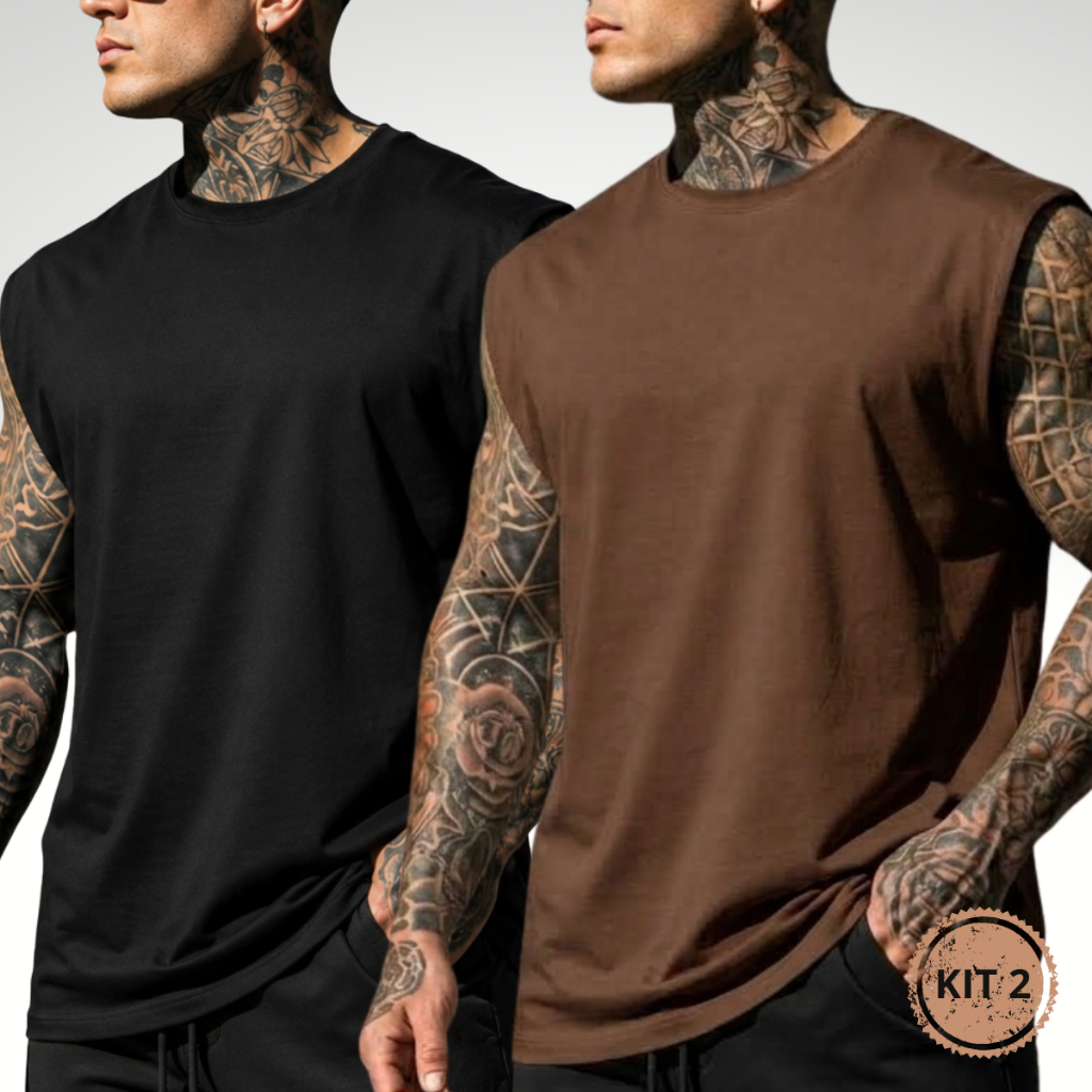 Kit 2 Regata Masculina Machão Oversized Academia Treino Fitness Lisa 100% Algodão Premium