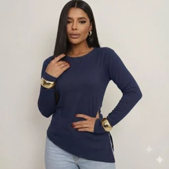 Blusa Feminina Manga Longa Assimétrica Malha Ribana Estilosa Outono Inverno