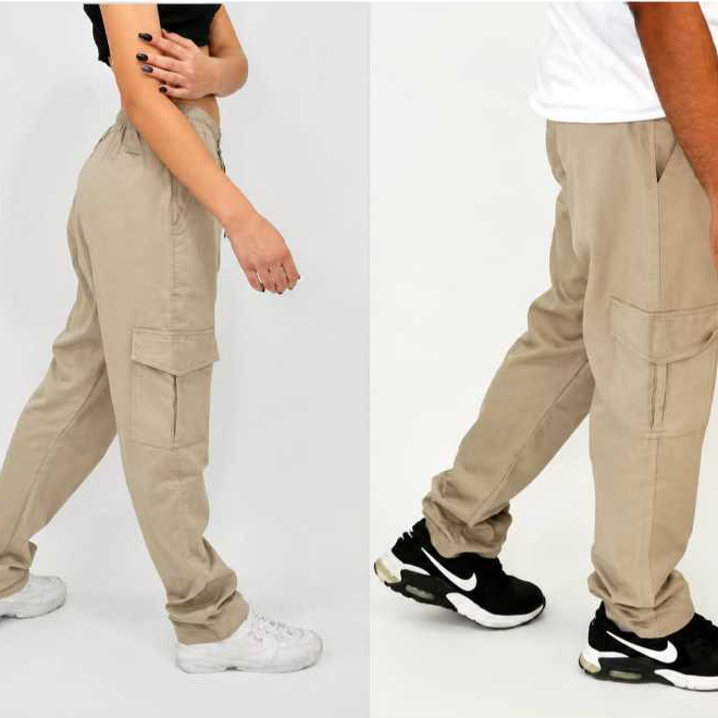 Calça Cargo Unissex Sarja Jeans Masculina Feminina 6 Bolsos Cintura Ajustável Streetwear Casual Oversized