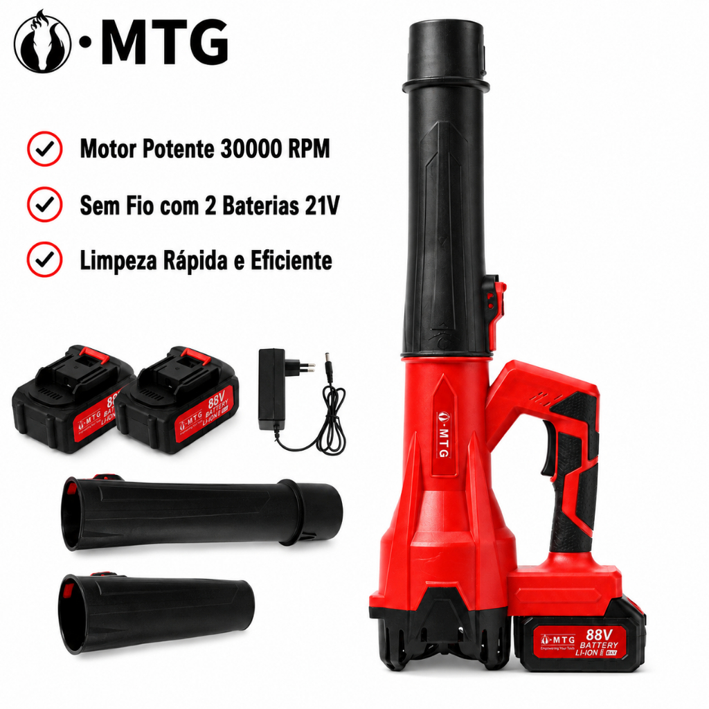 Soprador de Ar 21V Sem Fio MTG, 30000 RPM com 2 Baterias, Carregador e Alta Potência para Limpeza