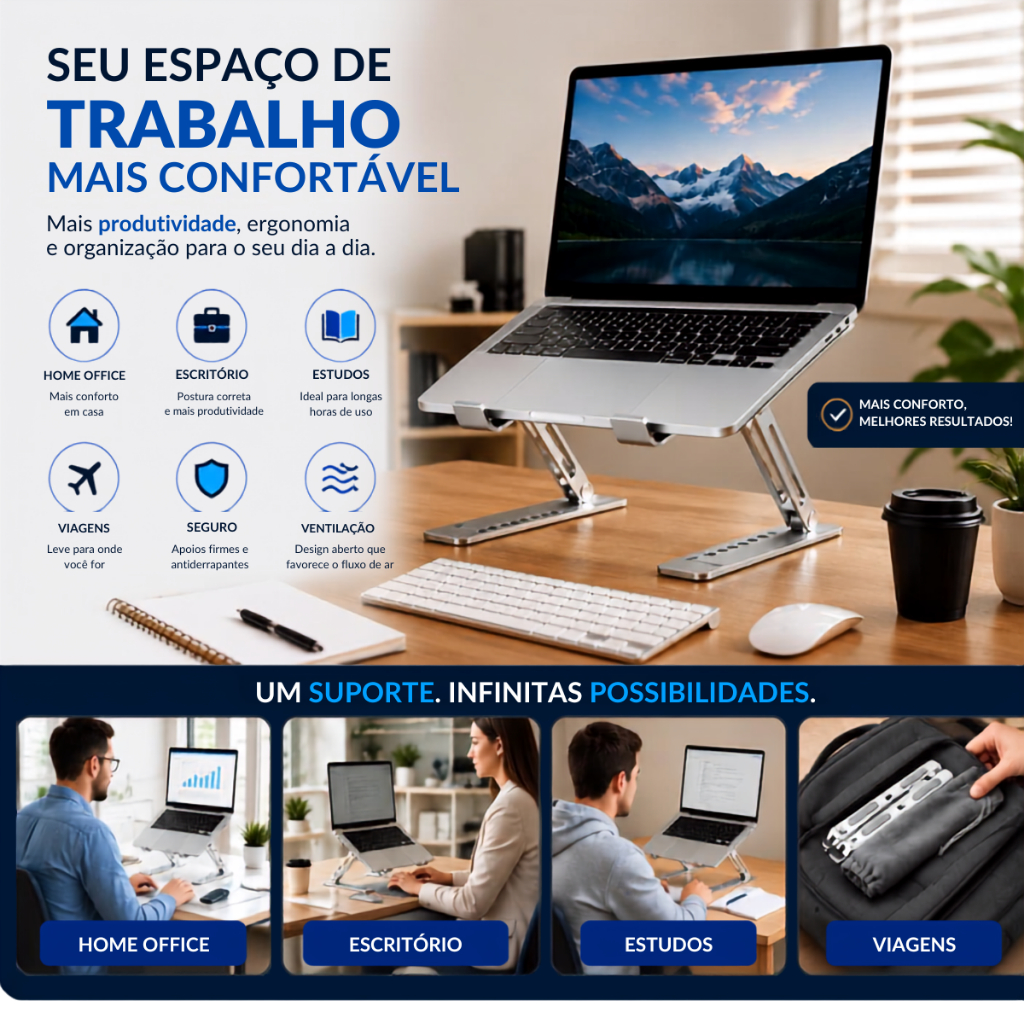 Suporte para Notebook Alumínio Ajustável Dobrável Ergonômico Portátil Base para Mesa Antiderrapante