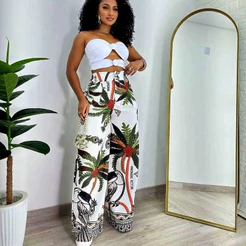 Calça Pantalona Feminino Estampado Táctil Zíper Botão Elástico tendencia 2026 luxo festas eventos
