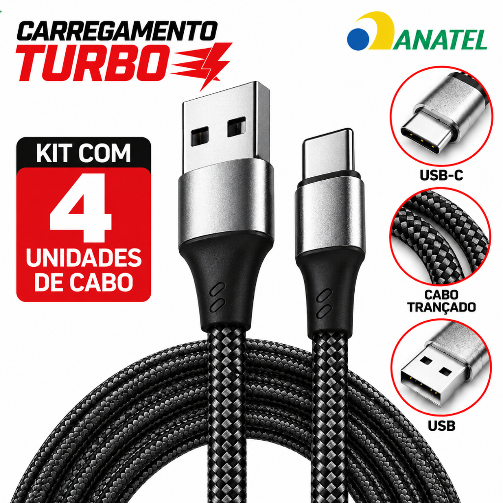 Kit 4 Cabos Carregador Tipo C 6A 120W Turbo 2 Metros Reforçado Premium Original