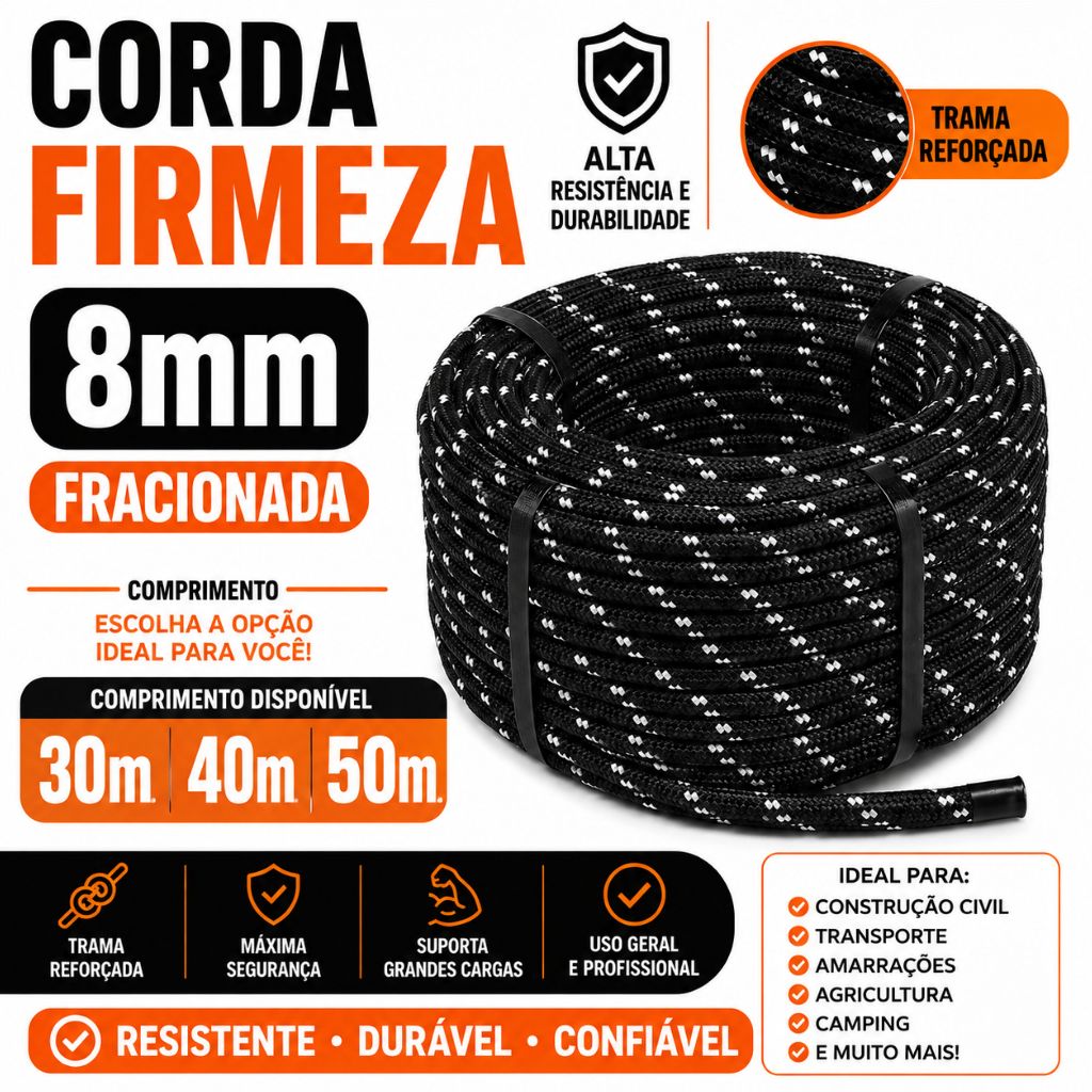 Corda 8mm Reforçada 30m 40m 50m Preta/Branca para Balanço Amarração Carga e Uso Geral