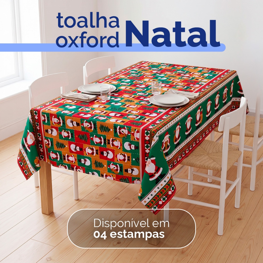 Toalha de Mesa Natal Retangular 1,40x2,00 Oxford 6 Lugares Estampada Natalina Mesa Posta Ceia